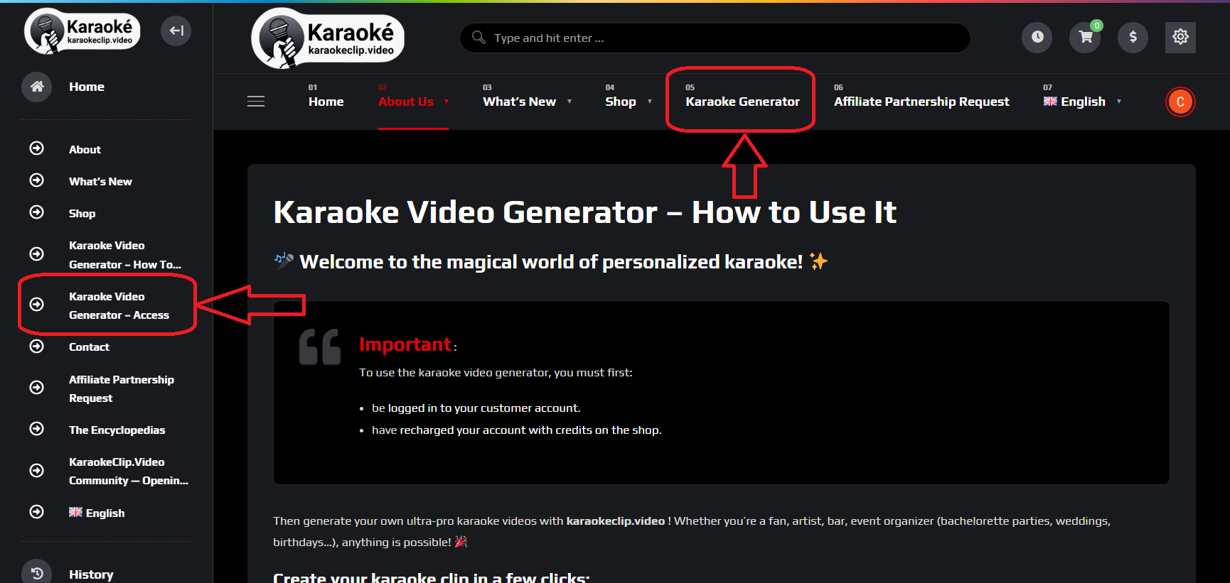 The main site menu, showing the 'Karaoke Generator' entry in the top navigation bar and 'Karaoke Generator – Access' in the side menu — the entry points that open the generator.